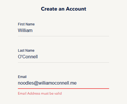 Screenshot of the Noodles & Company website. In a text box labeled 'Email', the email address noodles@williamoconnell.me has been entered. Below it in red there is an error message that reads 'Email Address must be valid'.