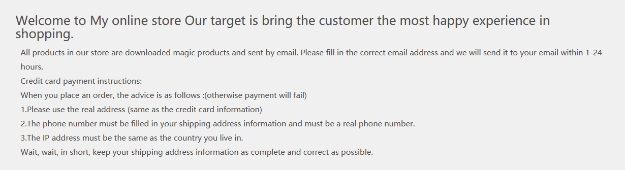 Payment instructions for 68 Magic, explaining that the billing address, phone number, and IP address must all match the credit card.