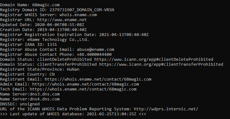 WHOIS data for 68magic.com, showing that it is registered with ename.