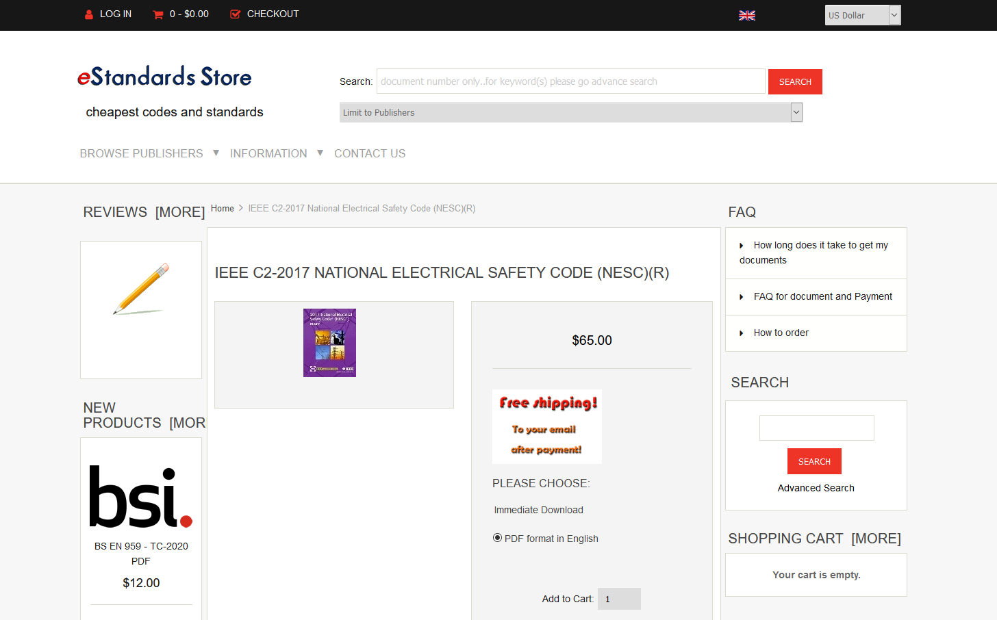 Screenshot of eStandards website selling IEEE Electrical Safety Code for $65.
