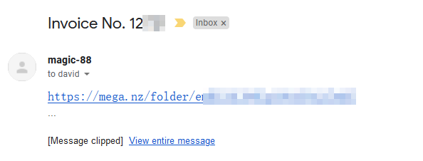 An email message containing only a link to a folder on mega.nz.