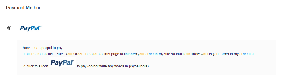 Payment instructions for a website, explaining how to send money using PayPal.