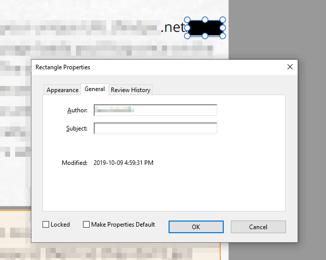 The annotation metadata for the PDF, showing the blurred-out name of the person who made it.