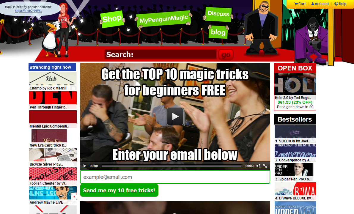 The penguinmagic.com homepage. The site design is dense and busy, with a lot of bright colors. There are cartoon drawings of a penguin and a gorilla along the top.