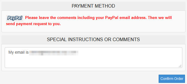 Payment instructions for Super Magic, saying to write your PayPal email address in the order comments.