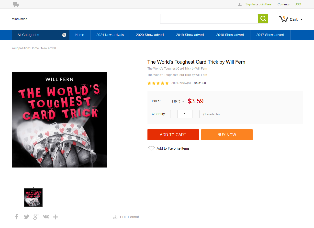 Screenshot of mind2mind showing a trick for $3.59.