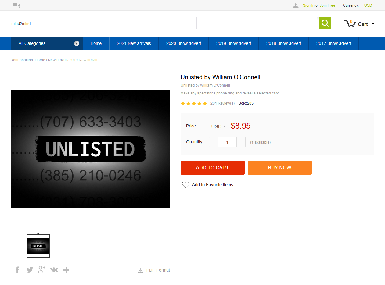 Screenshot of mind2mind selling Unlisted for $8.95.