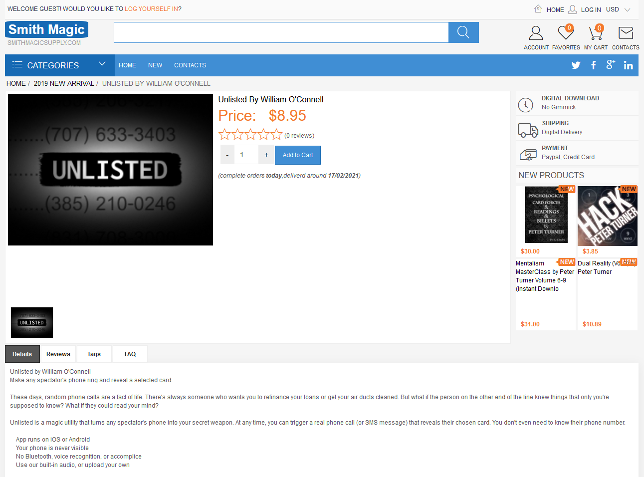 Screenshot of Smith Magic selling Unlisted for $8.95.