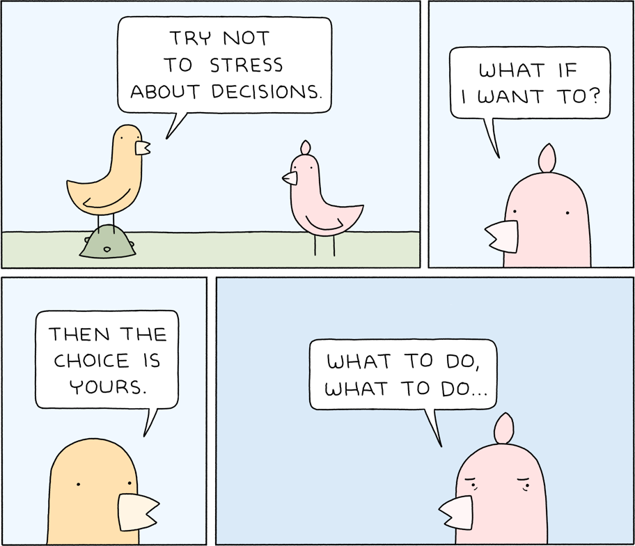 A comic featuring two birds, Yellow and Red. Yellow says 'Try not to stress about decisions'. Red asks 'What if I want to?'. Yellow replies 'then the choice is yours'. Red looks worried, repeating to himself 'what to do, what to do...'.