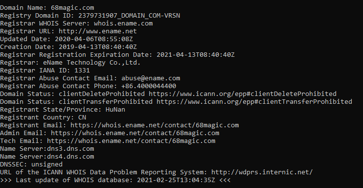 WHOIS data for 68magic.com, showing that it is registered with ename