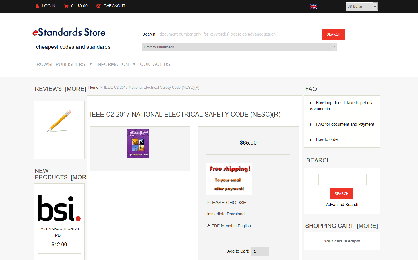 Screenshot of eStandards website selling IEEE Electrical Safety Code for $65