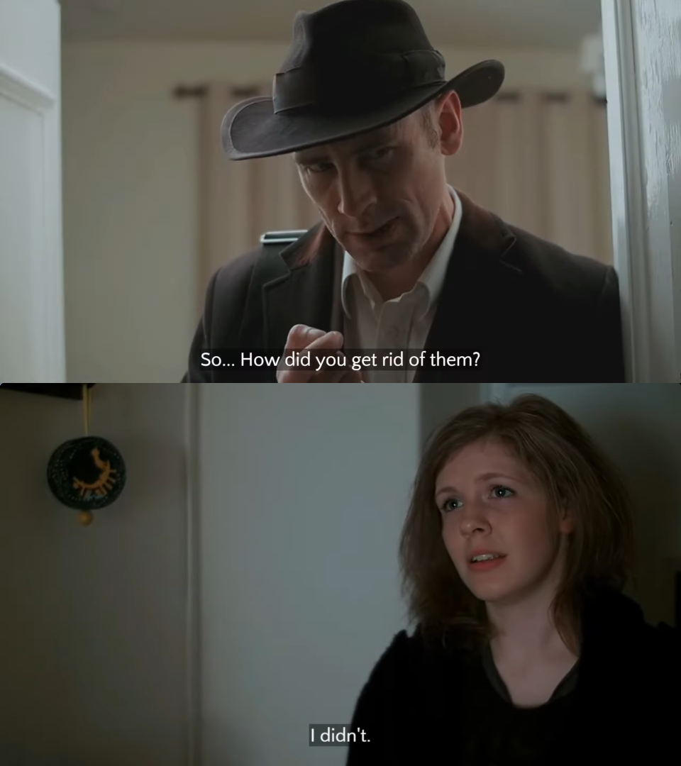 A two-panel captioned image series. In the first panel, a detective asks 'How did you get rid of them>'. In the second panel the woman replies 'I Didn't'.