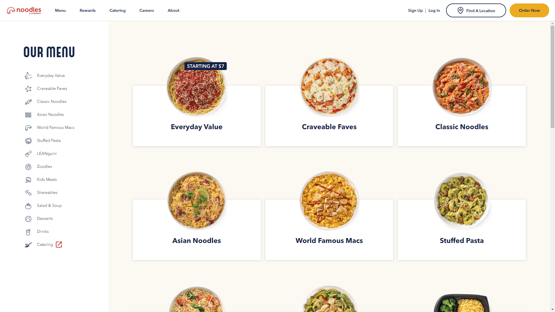 Screenshot of the Noodles & Company website showing the menu page. A handful of category options are presented, such as 'Everyday Value' and 'Craveable Faves'. Each choice is accompanied by a photo of a bowl of pasta.