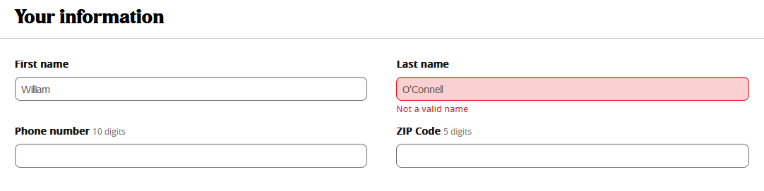 Screenshot of the Pizza Hut website. In a text box labeled 'Last Name' the name O'Connell has been entered. Below it in red there is an error message that reads 'Not a valid name'.